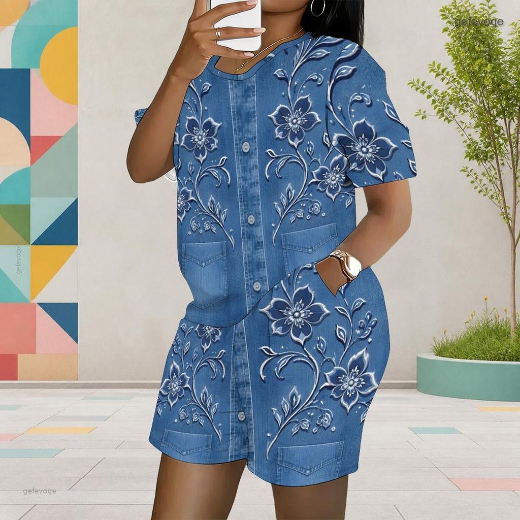 Women Plus Size Blue Floral Printed Round Neck Short Sleeve Top Pocket Shorts Two Piece Set