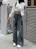 High Street Vintage Color Print Loose Jeans Women 2000s Y2k Straight Casual Wide Leg Pants Ladies Fashion Design Retro Baggy Trousers