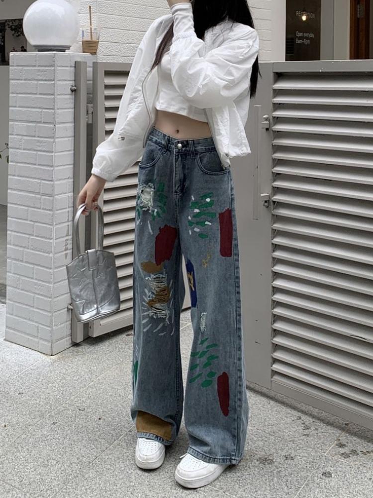 High Street Vintage Color Print Loose Jeans Women 2000s Y2k Straight Casual Wide Leg Pants Ladies Fashion Design Retro Baggy Trousers