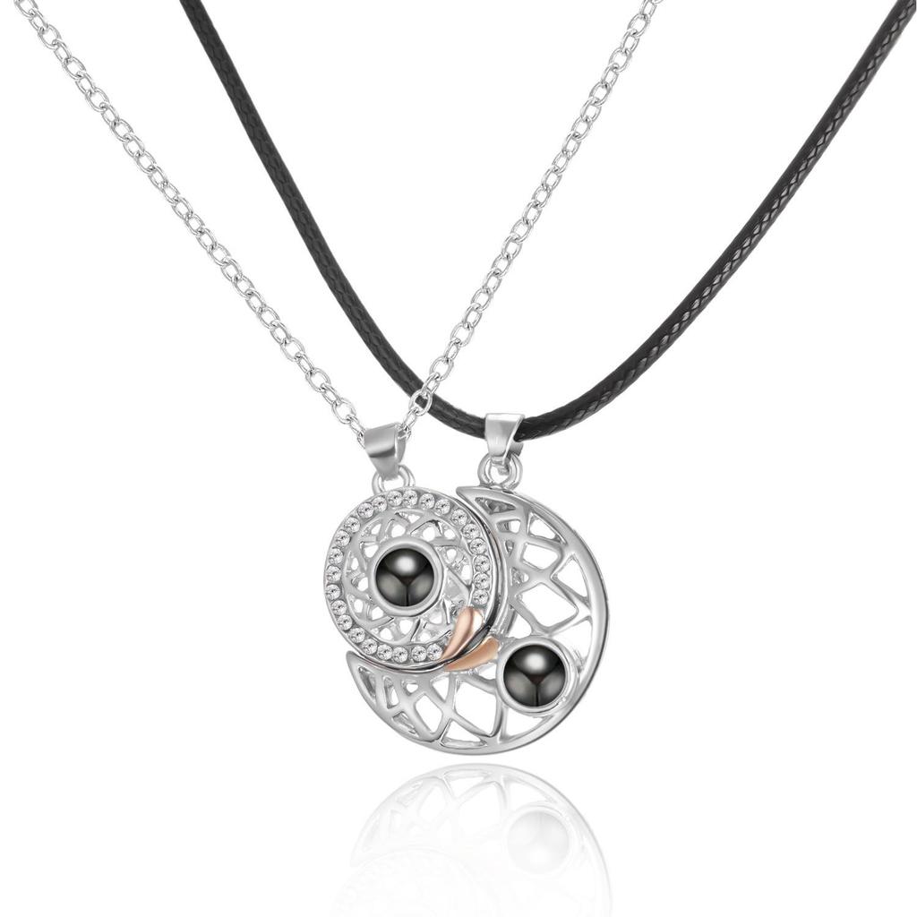 Sun & Moon Magnet Couple Necklace with Heart-Shaped Projection 'I Love You' In 100 Languages