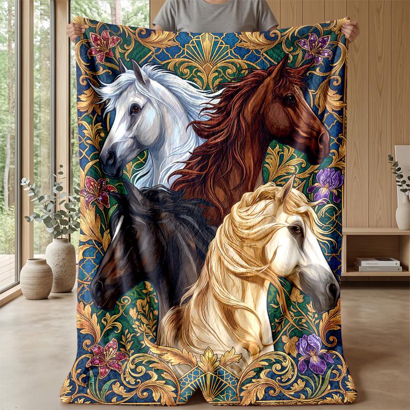 Horses in Ornate Frame Theme blanket Lightweight Warm Flannel Blanket Decorative Throw Blanket for Home Decoration