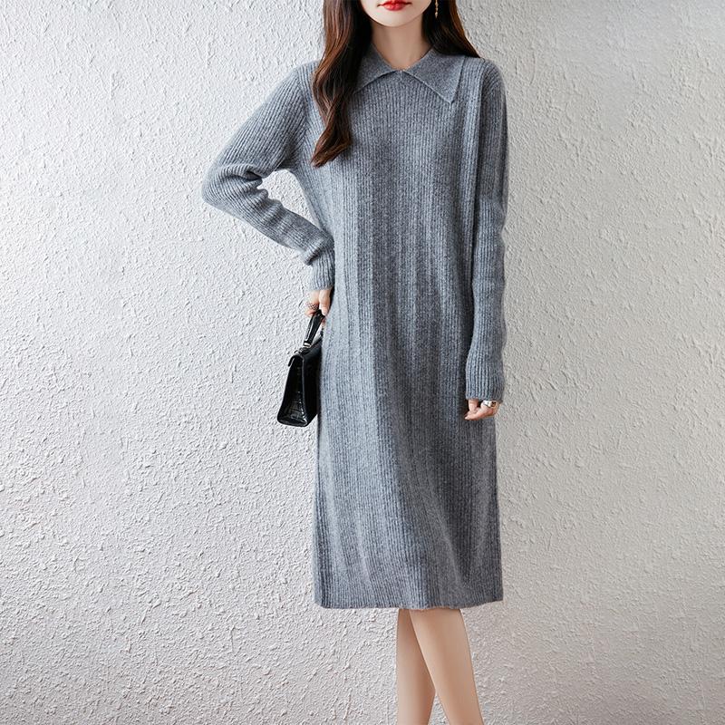 Women Sweater Dress 100% Wool TIDENOVEL Turn-down Collar Knit Long Pullover Winter Jumpers Wool Long Dress Female