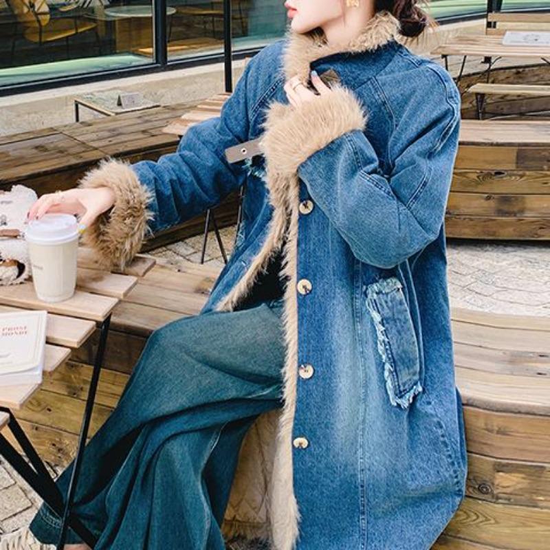 Women's Lamb's Woolen Patchwork Cowboys Cotton Coat Jacket Winter Long Overcoat Coat Comfort Fashion Winter Coat Women