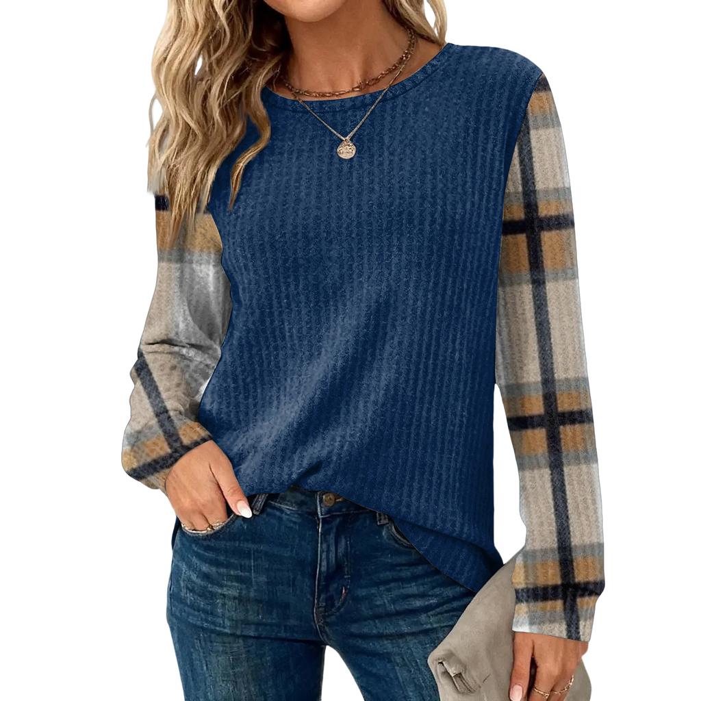 Женский повседневный топ свободного кроя с круглым вырезом и длинными рукавами в клетку