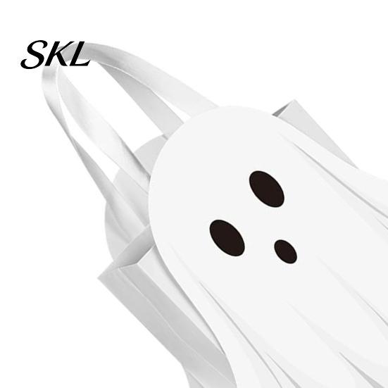 Ribbon Handle Bag Halloween Ghost Gift Bag, White Candy Pouch with Cute Face, Trick or Treat Favor for Party, Kids Goodie Prizes Holder