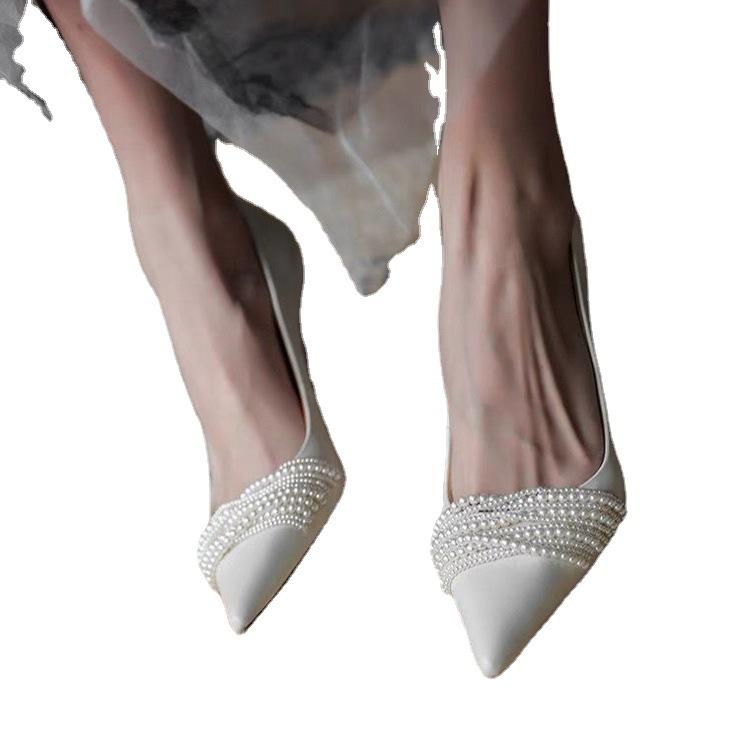 Женские туфли на высоком каблуке, сексуальные, с бусинами, женские, 2024, новые, красные, бархатные туфли-лодочки с острым носком, ретро, на тонком каблуке, для вечеринки и свадьбы, оптовая продажа