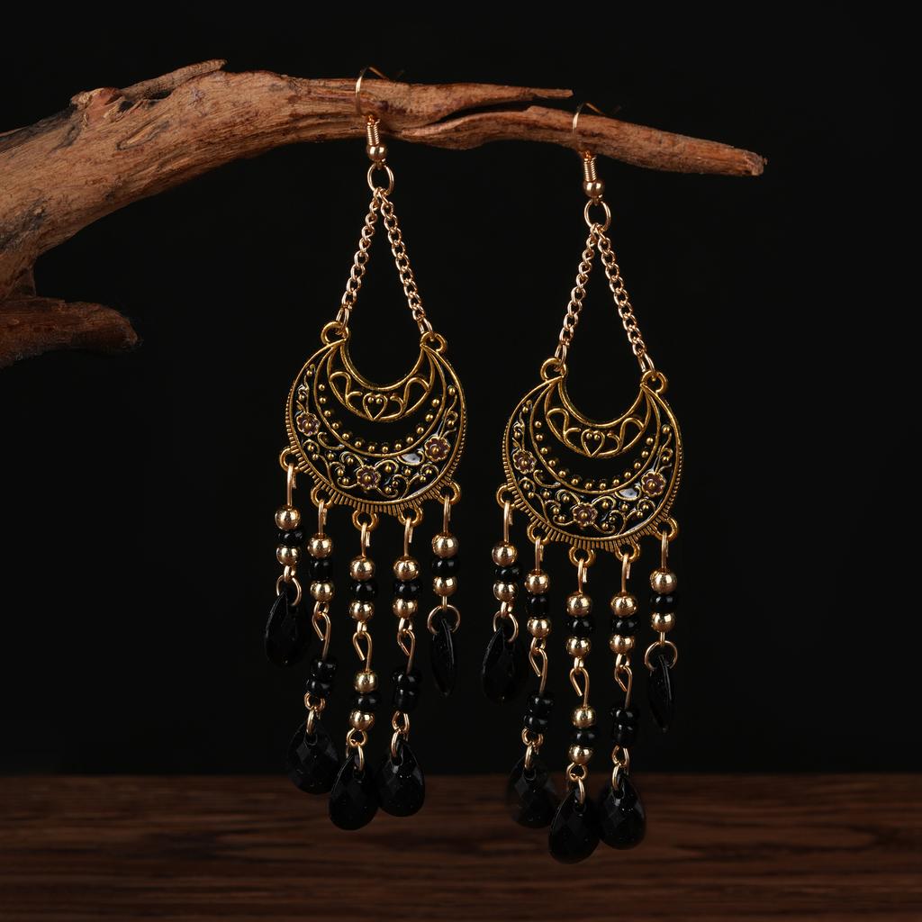 Bohemian Water Drop Bead Fringed Earrings, Premium Long Crystal Earrings, Ethnic Style Retro Personality Versatile Ear Hooks