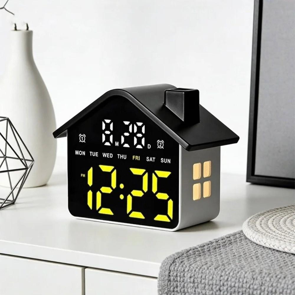 House-shaped LED Digital Alarm Clock with Night Light Brightness Adjustment 12/24H Alarm Clock Date Week Table Clock for Bedroom