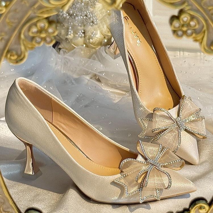 Новые атласные туфли-босоножки с бантом из стразов на высоком каблуке-шпильке в сказочном стиле, римские туфли