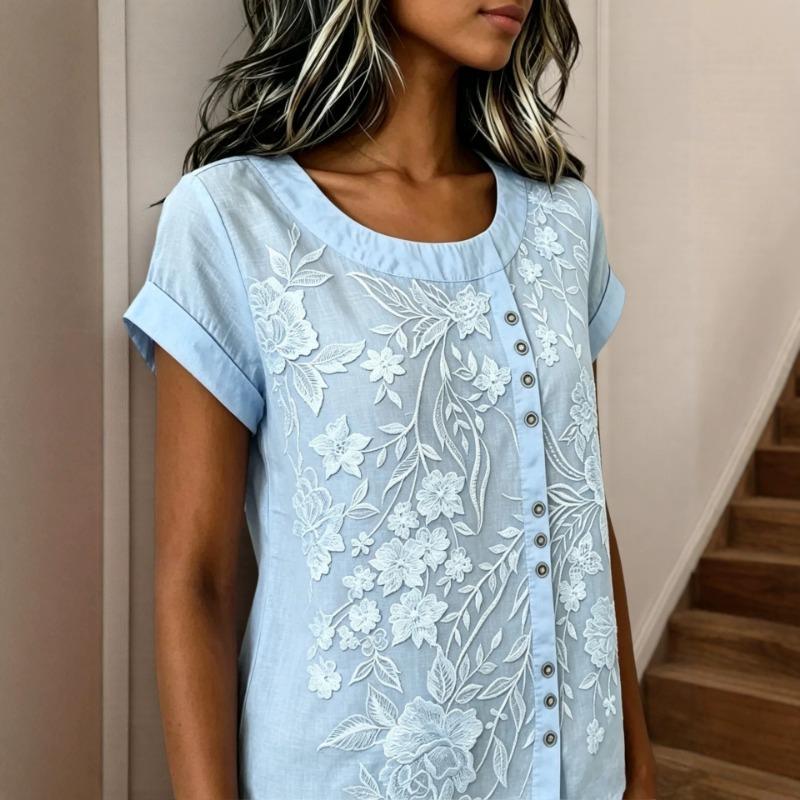 Women Light Blue Floral Embroidery Round Neck Full Button Roll Cuff Short Sleeve Loose Casual Blouse