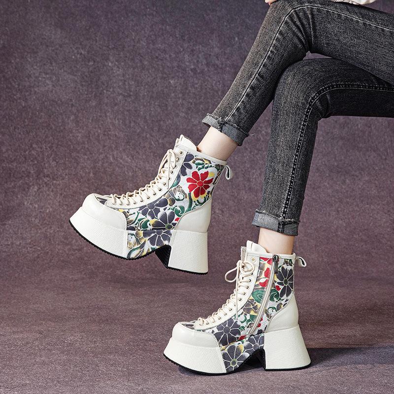 Fashion 8CM Chimney Ladies Fashion Ankle Booties Moccasins Print Shoes Natural Genuine Leather Boots Autumn Winter Motorcycle Women Fall