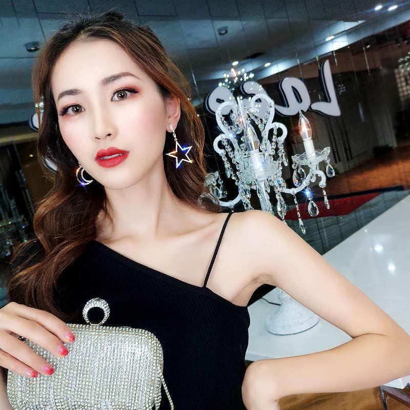 925 Silver Needle Asymmetrical Star and Moon Rhinestone Earrings