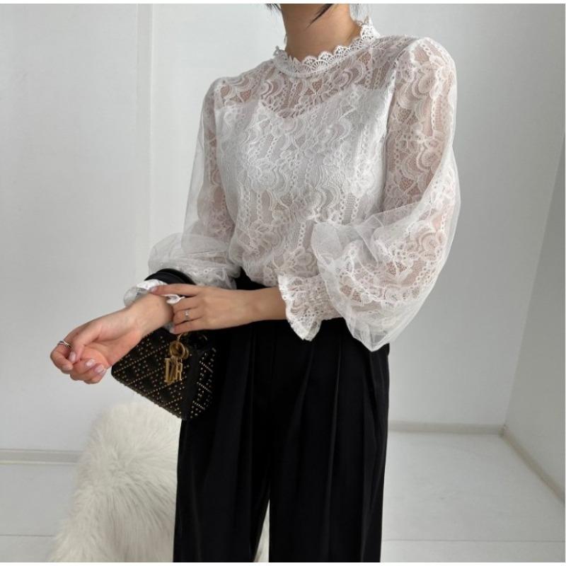 Loose Long Sleeved Mesh Lantern Sleeves Lace Women's Blouses & Shirts