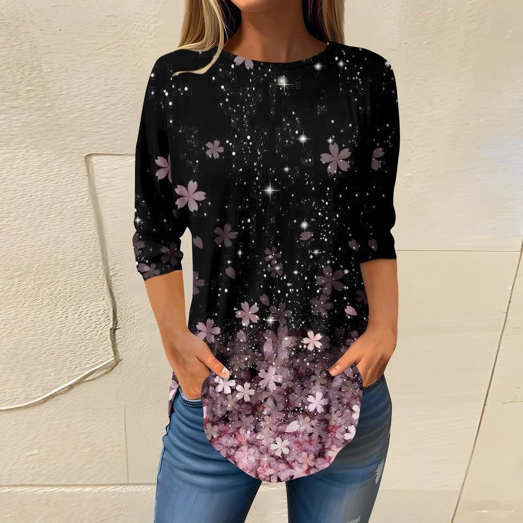 Женская свободная футболка с круглым вырезом и рукавом 3/4, верхний пуловер