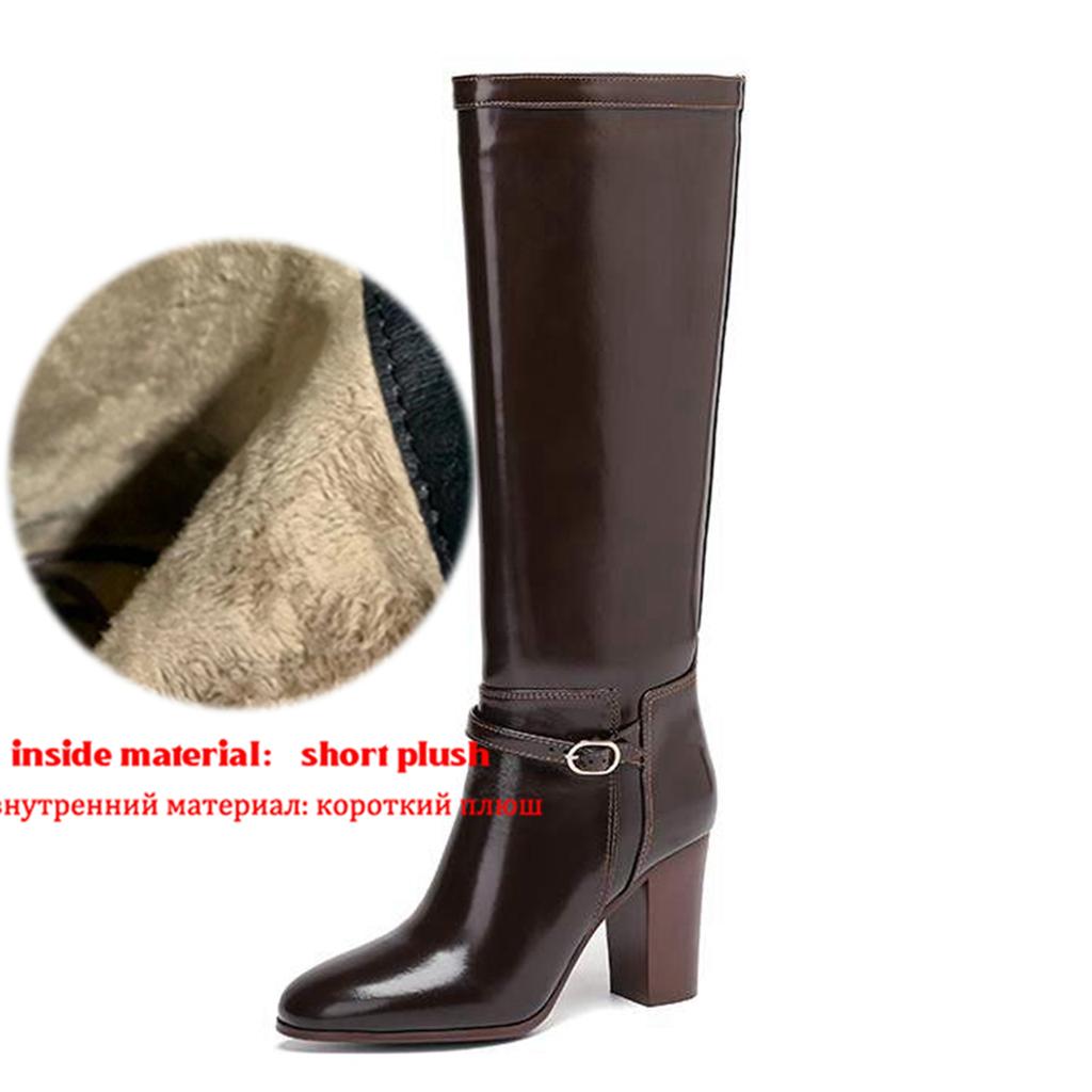 Krazing Pot Кожа спилок коровы Круглый носок Толстый высокий каблук Рыцарские сапоги Размер 46 Размер 45 Слипоны Большой размер Женские Металлическая пряжка Ботфорты