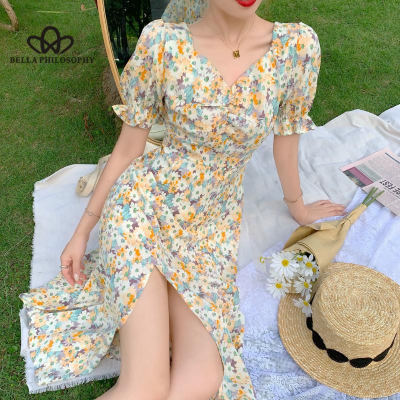 Французское элегантное платье, тонкое, летнее, с v-образным вырезом, повседневное, с короткими рукавами-фонариками, шикарное цельное платье с цветочным принтом в корейском стиле, шикарное.