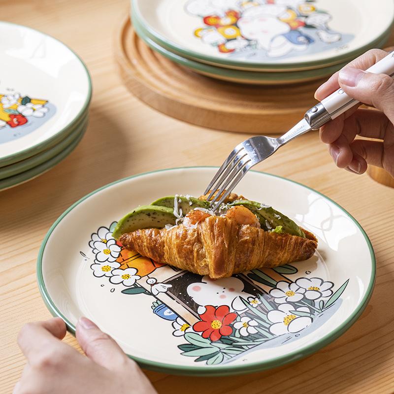 8,2-дюймовая обеденная тарелка с изображением кролика из мультфильма, керамическая роспись, сервировочные блюда, поднос для десерта с изображением кролика-цветка, салатная тарелка, безопасная для использования в микроволновой печи