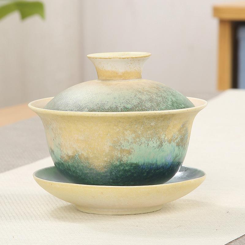 Японская керамическая пиала Санцай с крышкой, каменная гайвань, бытовой китайский чайный набор для кунг-фу, чайница, чайная посуда, чашки с узором