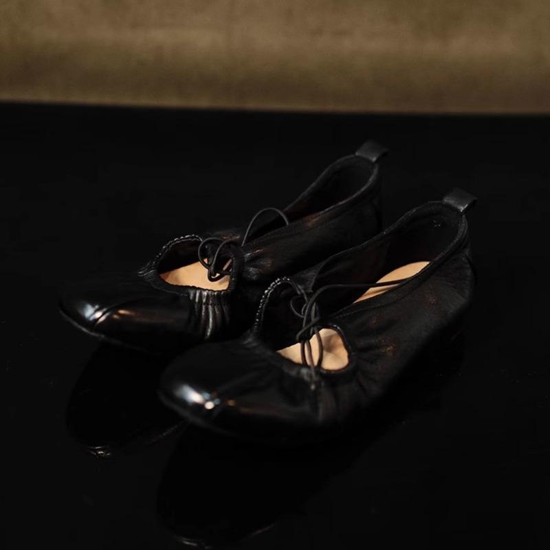 Sheepskin Version Lace-up Bow Pleated Mary Jane Shoes Women's Single Shoes Genuine Leather Shallow Mouth Retro Flat Shoes Grandma Shoes