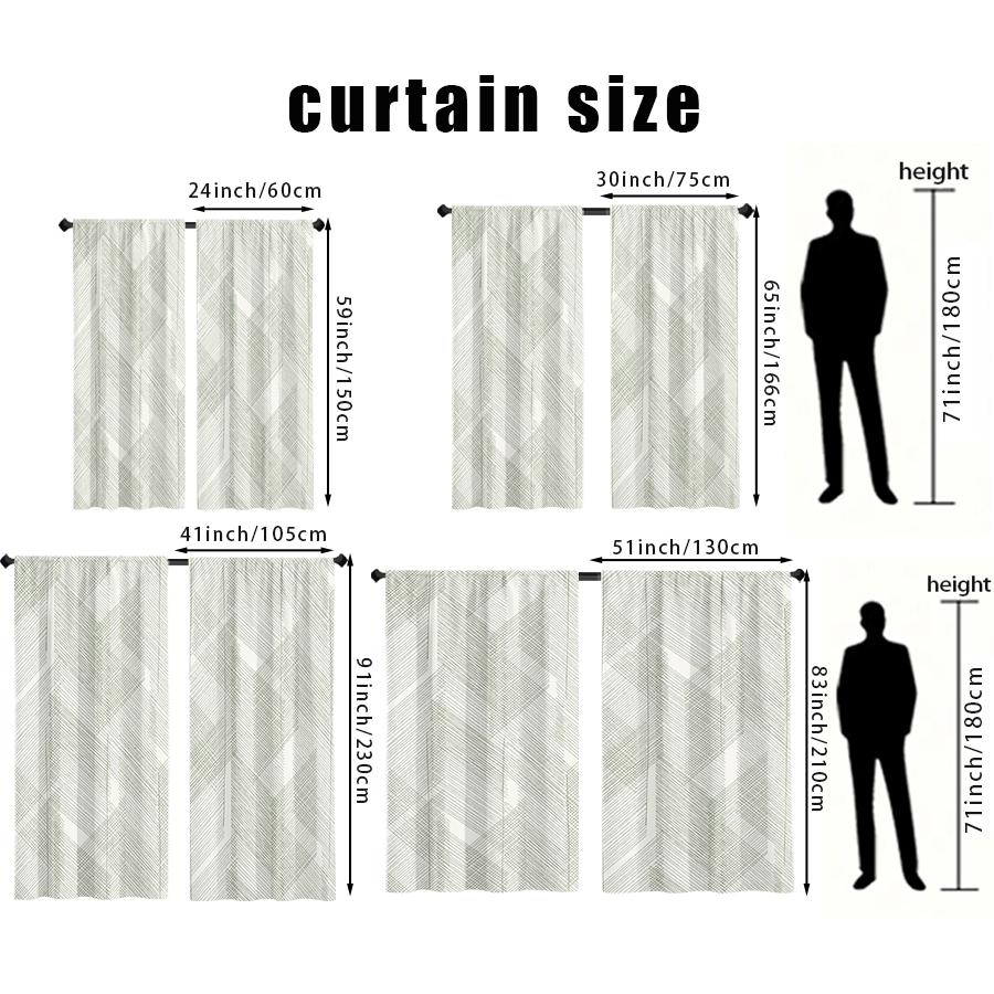 2PCS, White and Green, Geometric Line Pattern Curtains, for Bedroom and Living Room, Rod Pocket Style
