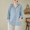 Summer Loose Embroidered Cotton Linen Blouses White Black Yellow Tops V-neck 3/4 Sleeve Women's Blouse
