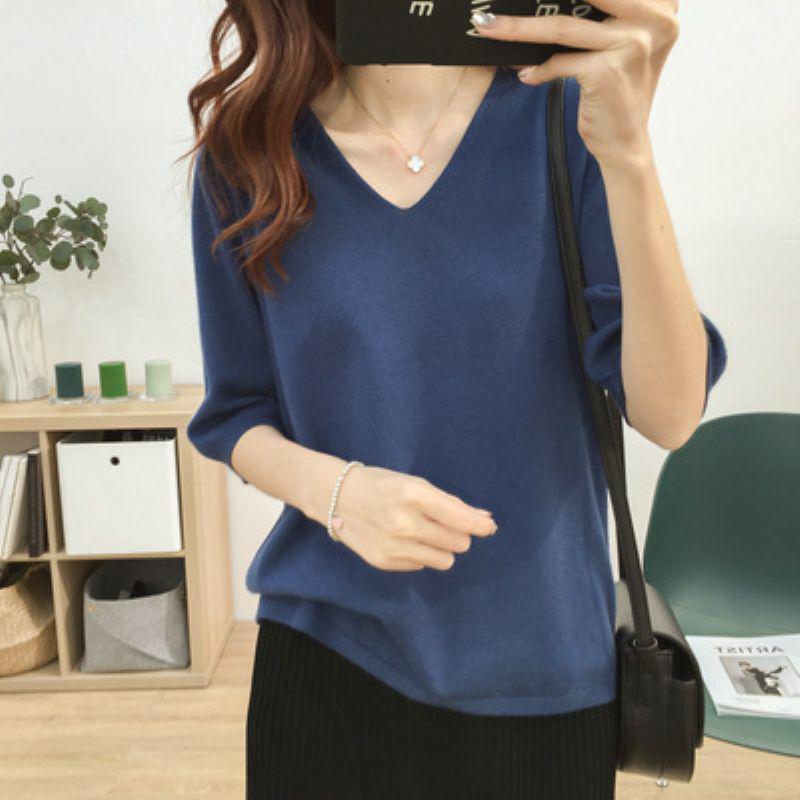 2025 Summer V-Neck Knit Short Sleeve Women's Slimming Top