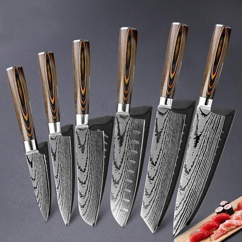 6 Pcs Damascus Laser Pattern Stainless Steel Kitchen Knife Set Kitchen Stuff Chopping Knife Fruit Cutter