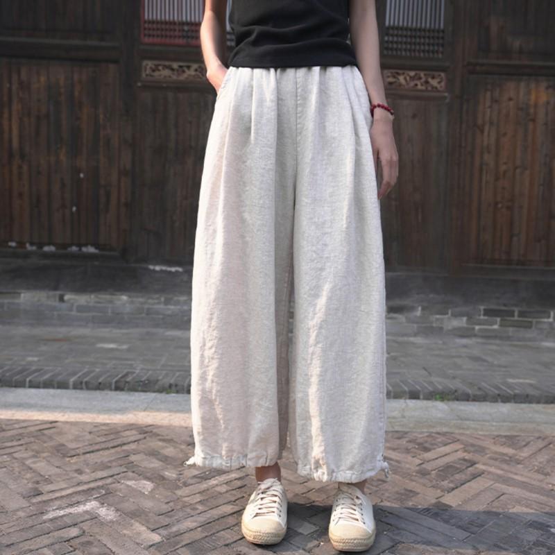 Johnature Женские прямые брюки из хлопка и льна, однотонные осенние брюки с эластичной резинкой на талии и карманами, винтажные брюки до щиколотки