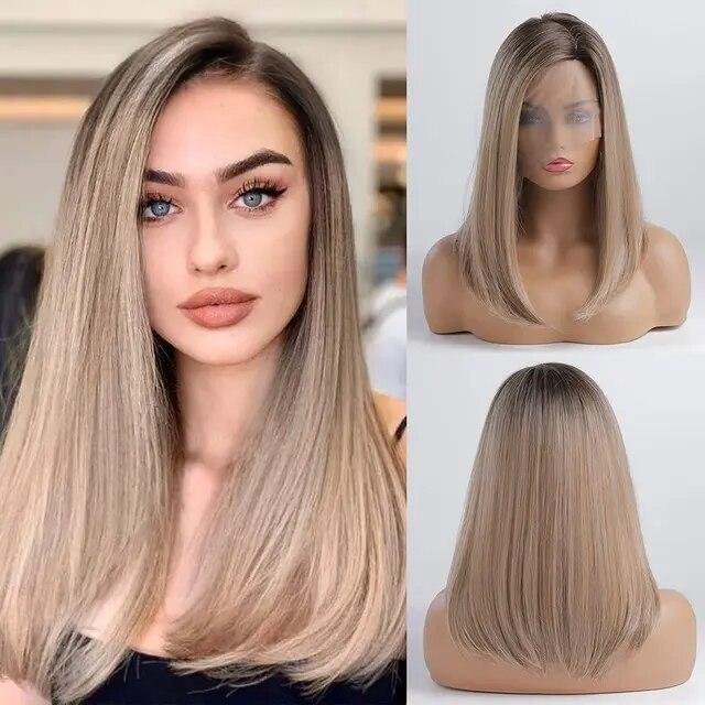 Прямые кружевные парики длиной до плеч, коричневые, с темными корнями, шелковистые вечерние синтетические волосы, натуральные мягкие повседневные парики для женщин, термостойкие