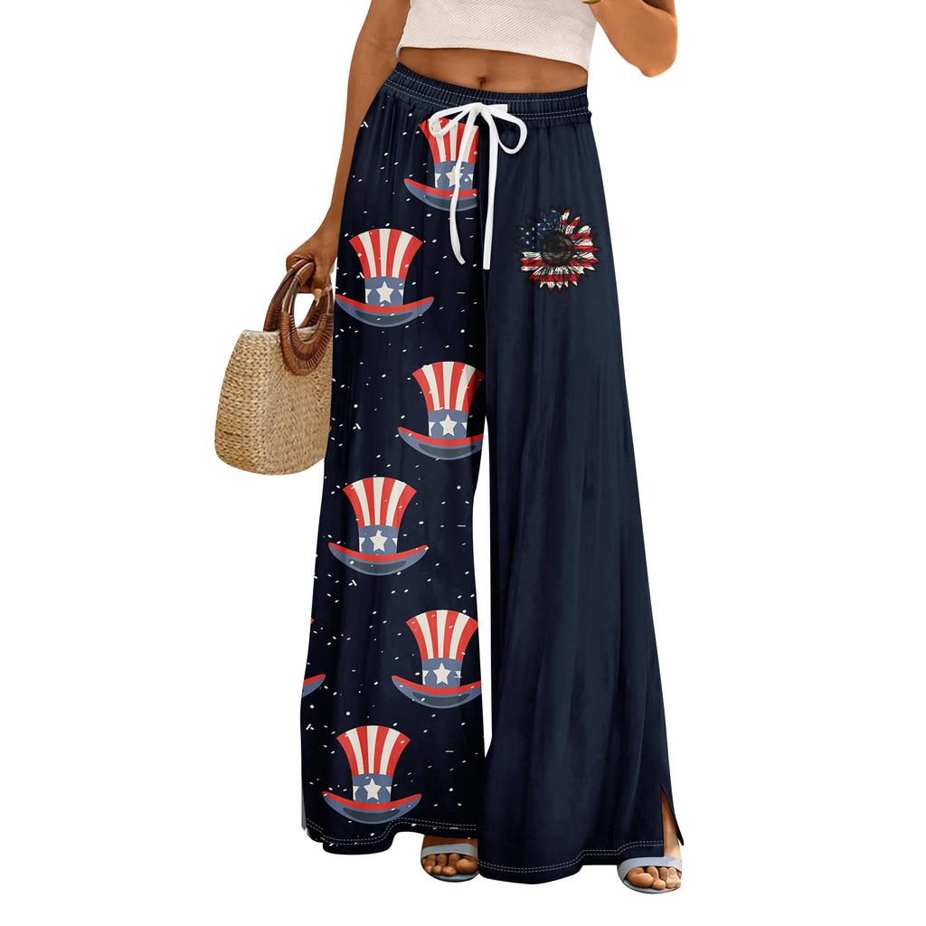 Women Summer Boho Palazzo Pants High Waist Wide Leg Independence Printing Casual Trousers With Pockets