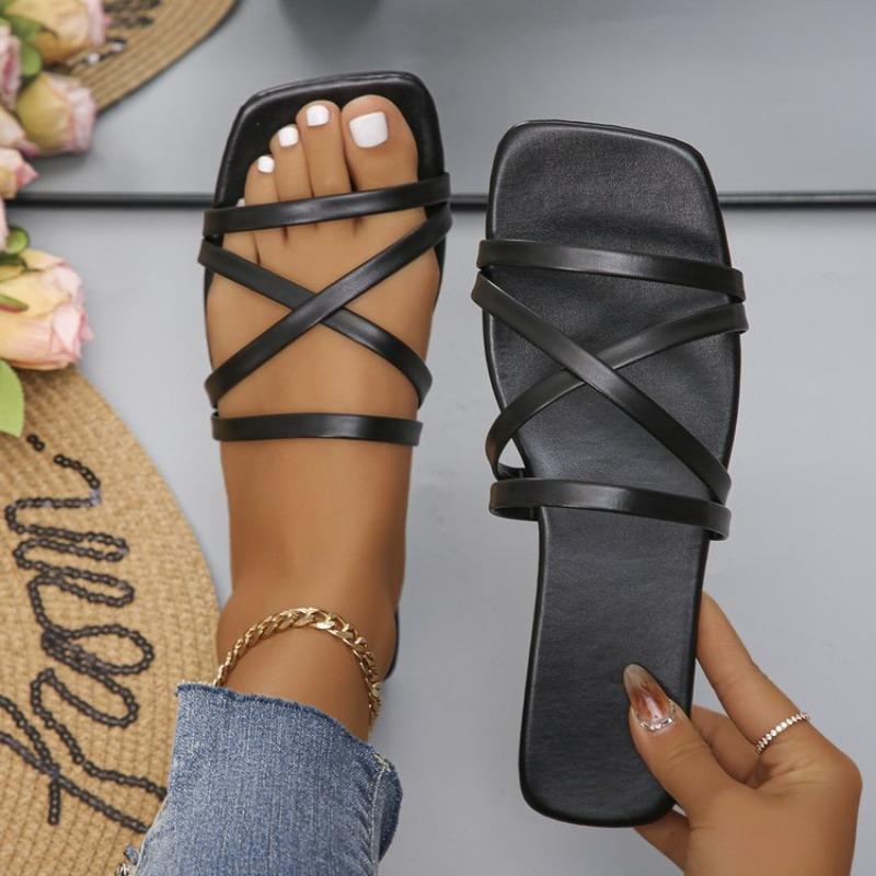 Женские шлепанцы на плоской подошве с одной лямкой большого размера, однотонные, с квадратным носком, повседневные, летние