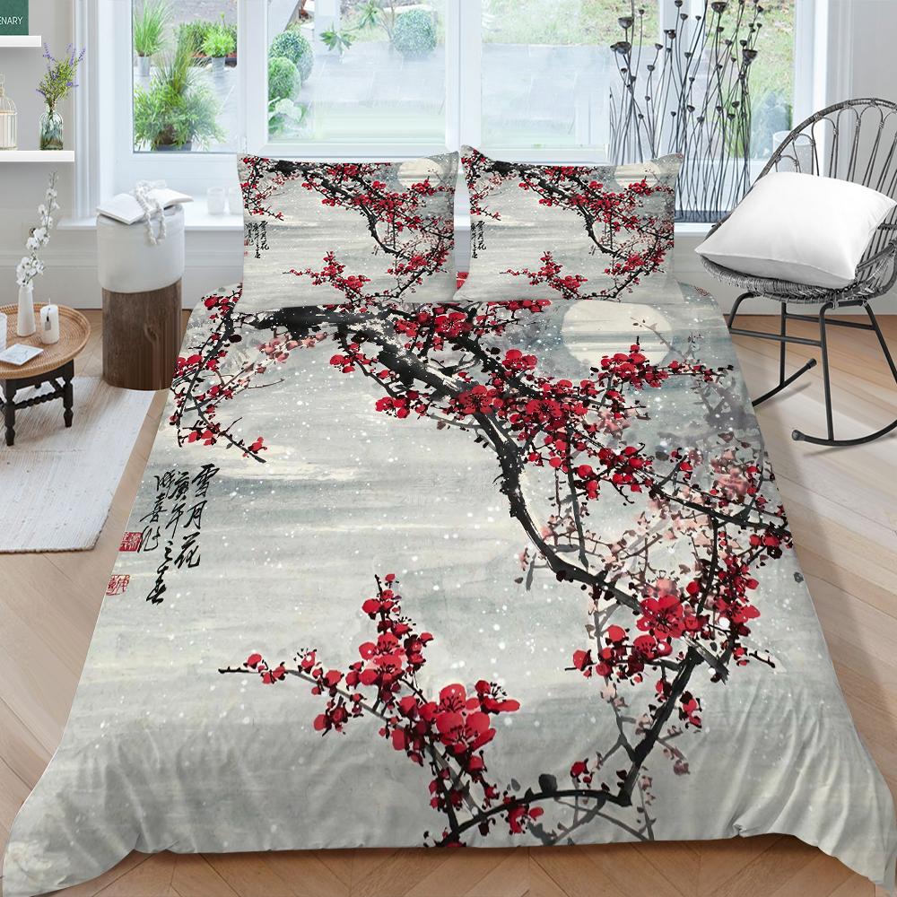3D Family Bedding Single Double Bed Full Size Bedding Plum Blossom Pattern Pillowcase and Quilt Cover Noble and Washable Family Decoration