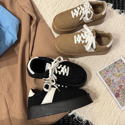 Ретро матовая кожа толстая подошва сочетание цветов шнуровка немецкие тренировочные туфли женские 2025 осень и зима новая модная спортивная обувь хлопок одинарный с