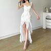Women's White Ruffled High Low Maxi Dress Sexy V-Neck Spaghetti Strap Backless Bodycon Party Dress