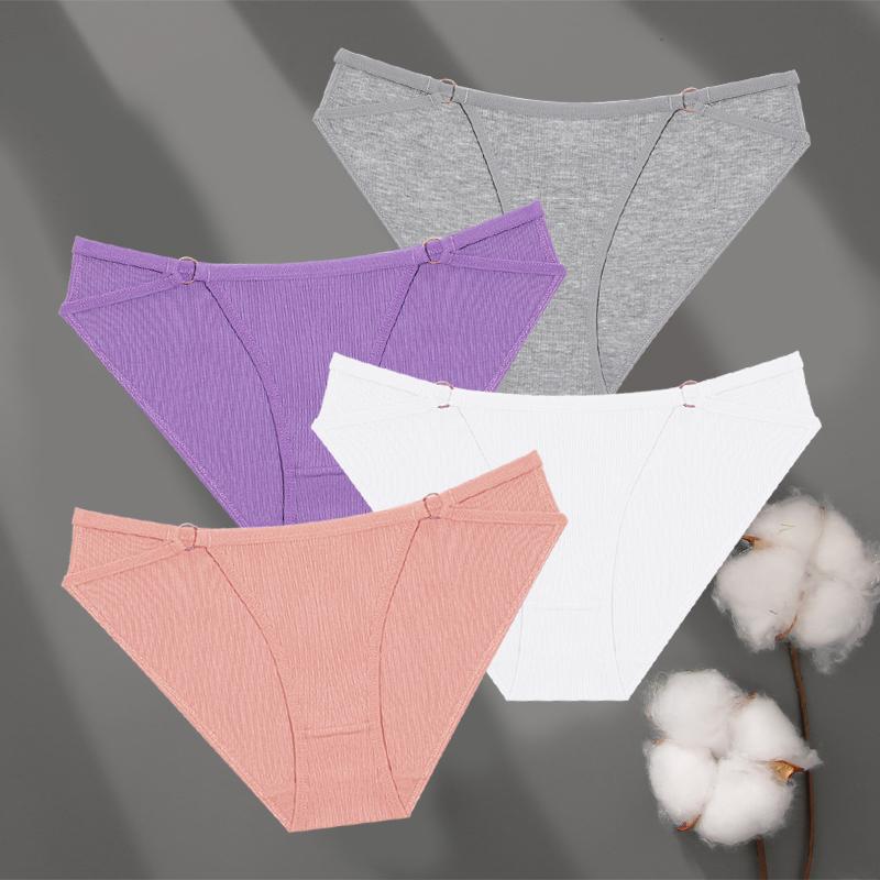 4Pcs Cotton Striped Underwear Women's Double Belt Panties Sexy Low Waist Solid Briefs Female Breathable Comfort Lingerie