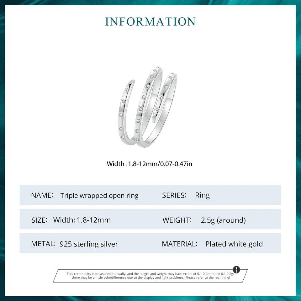 Bamoer 925 Sterling Silver Triple Wrapped Adjustable Ring Delicate CZ Finger Ring for Women Girl Fashion Jewelry Gift