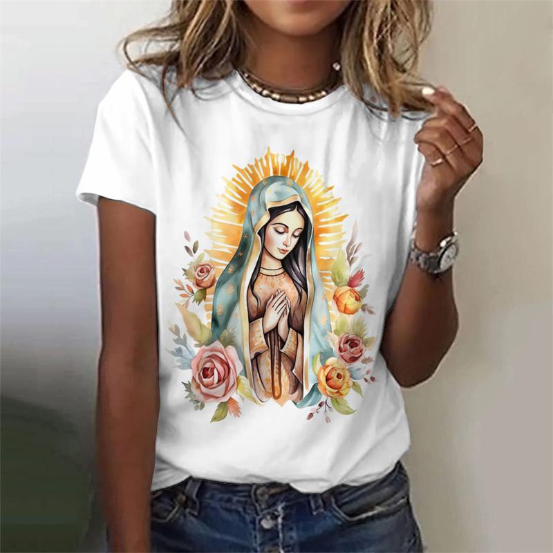 Virgin Mary Pattern T-Shirt For Women Sacred Christianity 3D Print T Shirts Summer Fashion Street Tees Short Sleeves O-Neck Tops
