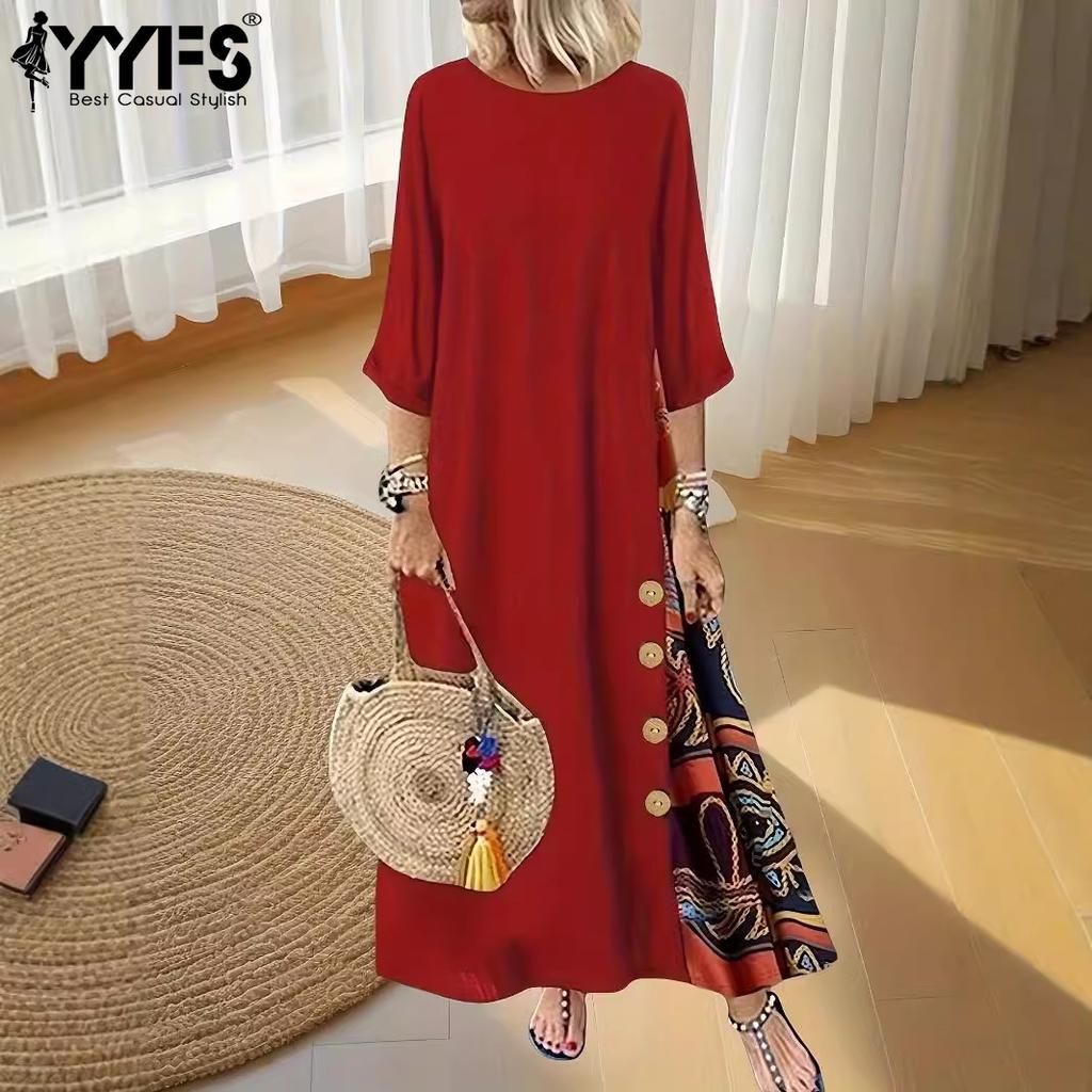 YYFS Women's Fashion Summer Spring Solid Color Print 3/4 Sleeves O-Neck Loose Waistline Casual Dresses