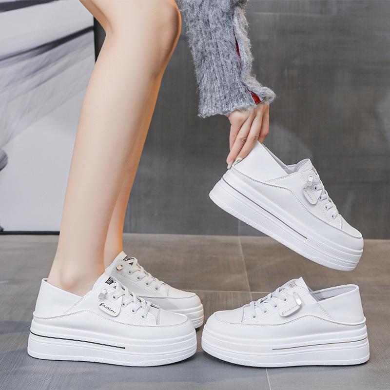 Leather Inner Height Increase White Shoes Women's 2025 Spring New Thick-soled Two Wear Board Shoes and One Pedal Sports and Leisure Single Shoes