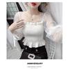 Mesh Puff Sleeve Elastic Waist Women Blouse Square Neck Cropped Top Black White Sweet Fairy Style Lace Up Bow Spring Summer
