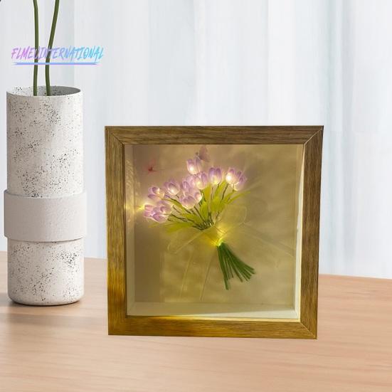 Ночник с цветком тюльпана, деревянная фоторамка ручной работы - 13/10/16, лента с цветами, квадратный подарок, сделай сам, светящийся букет тюльпанов, ночник