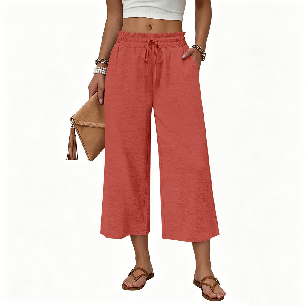 Women's Casual Loose-Fit High-Waisted Cotton-Linen Cropped Pants With Side Pockets