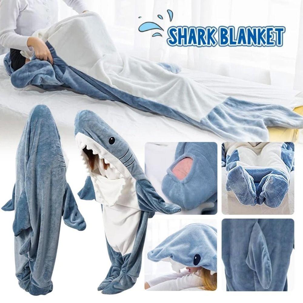 Уютный спальный мешок «Акула» Фланелевая пижама с рисунком из мультфильма Одеяло-одеяло с капюшоном «Акула» Сохраняет тепло
