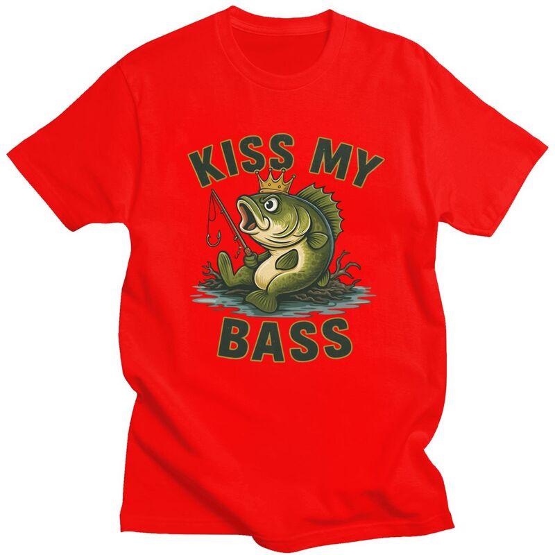 Kiss My Bass Tshirts for Men Short Sleeves T Shirt Cool Angler Fishing Lover Tshirts Pure Cotton Tees Valentines Day Gift