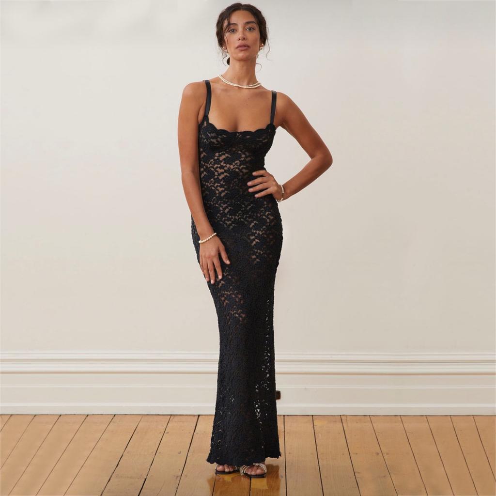 New Summertime Women's Fashion One-length Neck Sexy Perspective Lace Slim Dress Outfit Dress