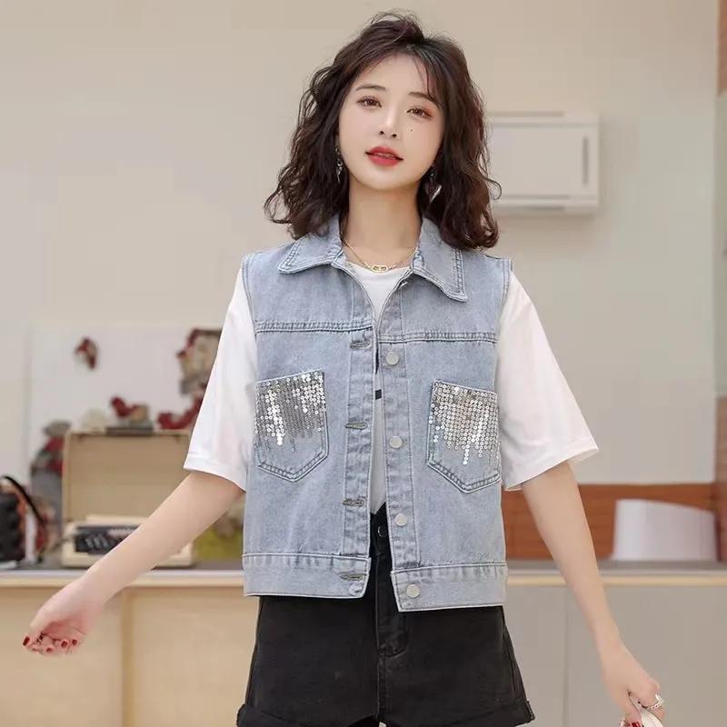 Лето Весна Женский Джинсовый Жилет Жилет Корейский Безрукавный Джинсовый Жакет Женский Жилет Топы