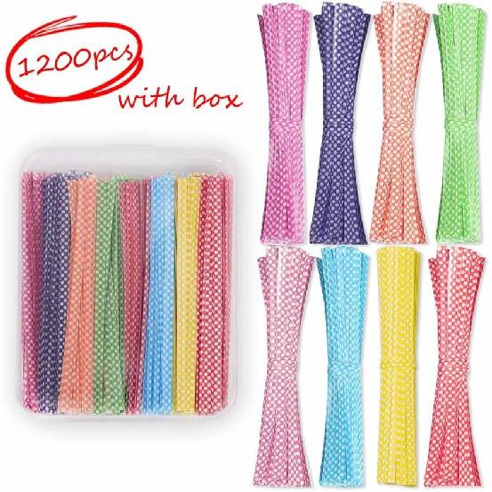 OWLFAVO 1200pcs Polka-Dotted Colourful Plastic Twist Ties with 1 Storage Box, 4 Inch Long 8 Mixed Colors, Bread Bags Ties for Candy Cookies Gift Bags