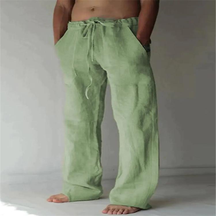 Мужские повседневные брюки, новые однотонные спортивные брюки из хлопка и льна, свободные повседневные брюки с завязками и несколькими карманами