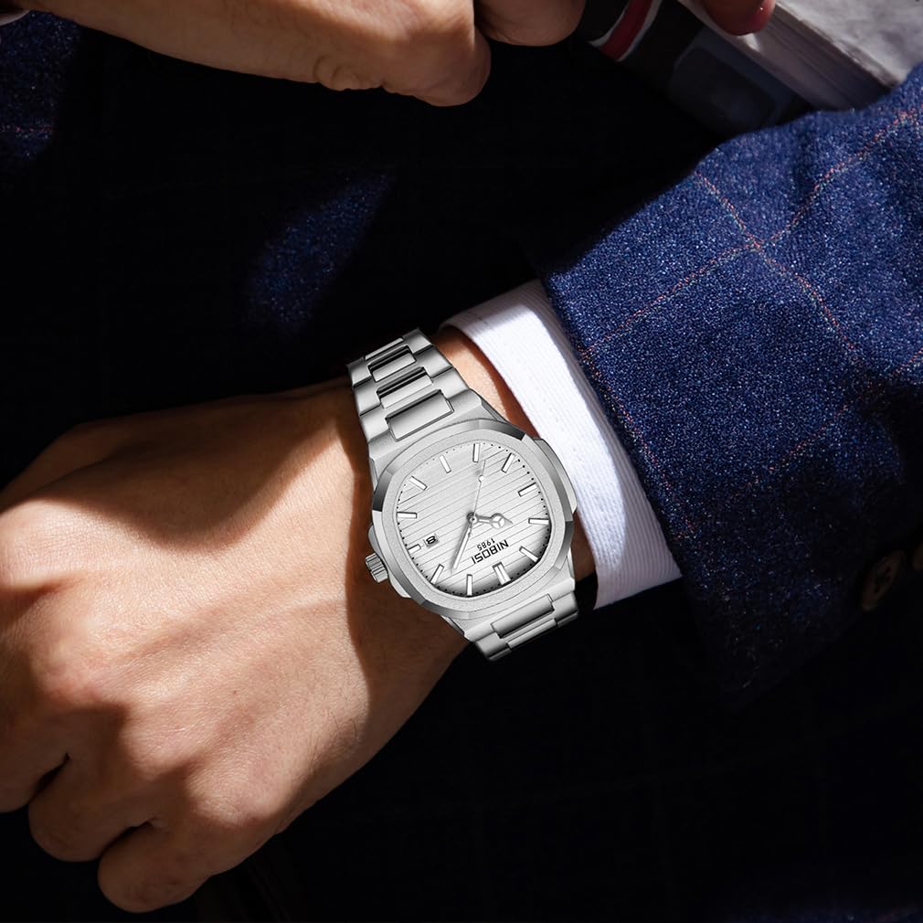 NIBOSI Металлические часы из нержавеющей стали для мужчин Мужские часы, Стильные, Деловые, Стальные, Наручные часы, Джентльменские, Водонепроницаемые, Аналоговые, Ремешок, Повседневные, Дата, Люминесцентные,