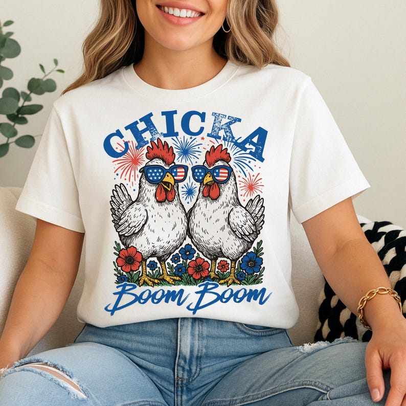 Chicka Boom Boom Tshirt 4th Of July Humor Retro Farm Vibes Red White And Blue Tee Shirt Rooster Usa Shirt